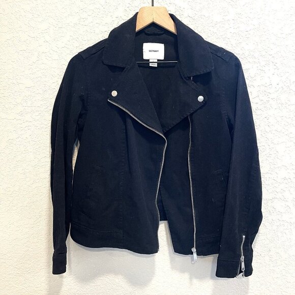 Old Navy Black Cotton Blend Moto Jacket Small - Picture 1 of 4
